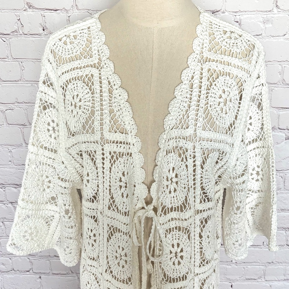SOLITAIRE 3/4 Sleeve Ivory Boho Crochet Cardigan or Beach Cover-Up--NWT--S - Picture 2 of 15